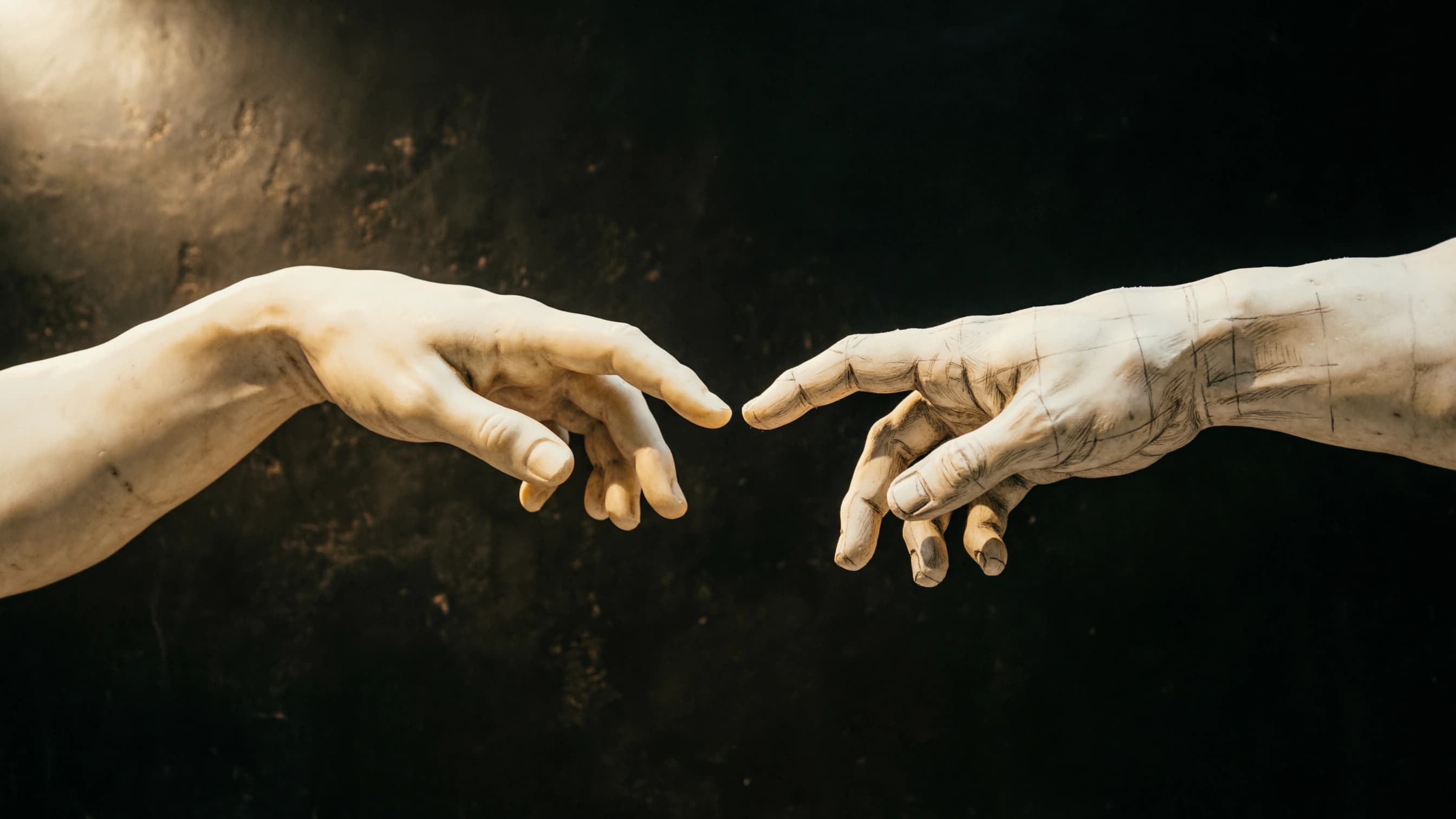 Two marble hands reaching toward each other, fingertips not touching. Both are cut from the same stone; the right one also carries the construction lines a sculptor scribes before carving. The space between the fingertips is empty.